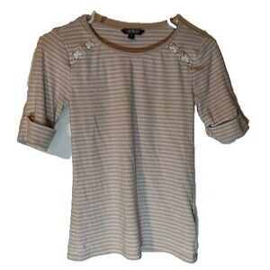 Lauren Ralph Lauren Beige & White Striped Normcore Minimalist SS Tee Sz M